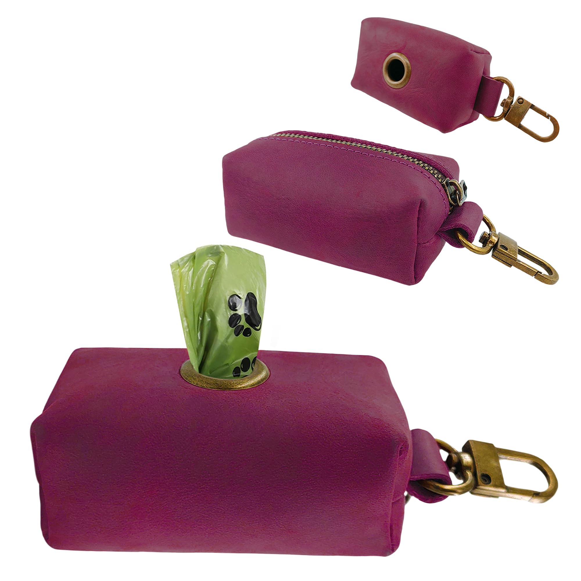 Purple pet waste bag dispenser with a bag of dog waste on a white background