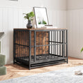 Dog crate with wooden paneling and metal bars in a room with a plant and picture frame on a shelf.