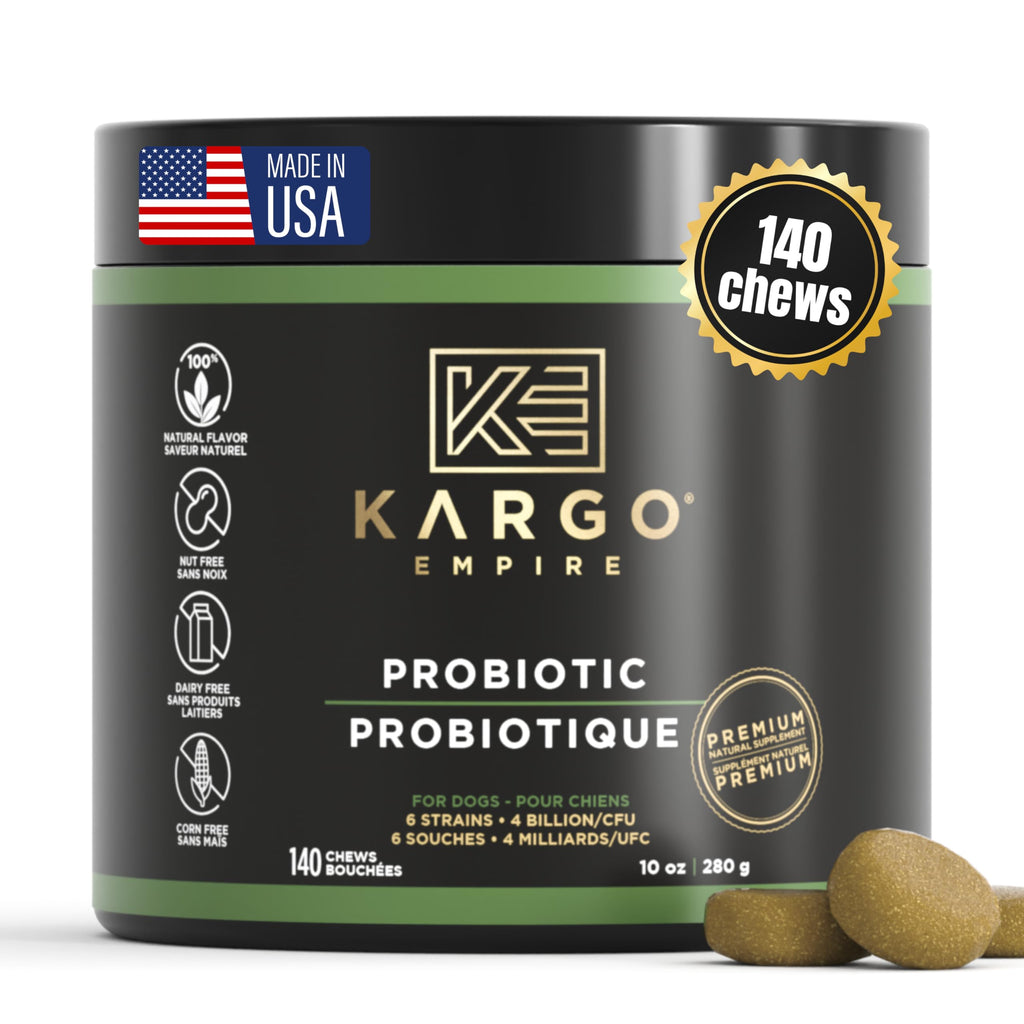 Kargo Empire probiotic chews packaging with visible branding and product details.