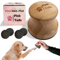 Dog nail care product set with nail file, buffer, and packaging labeled 'Pink Tails' on a white background.