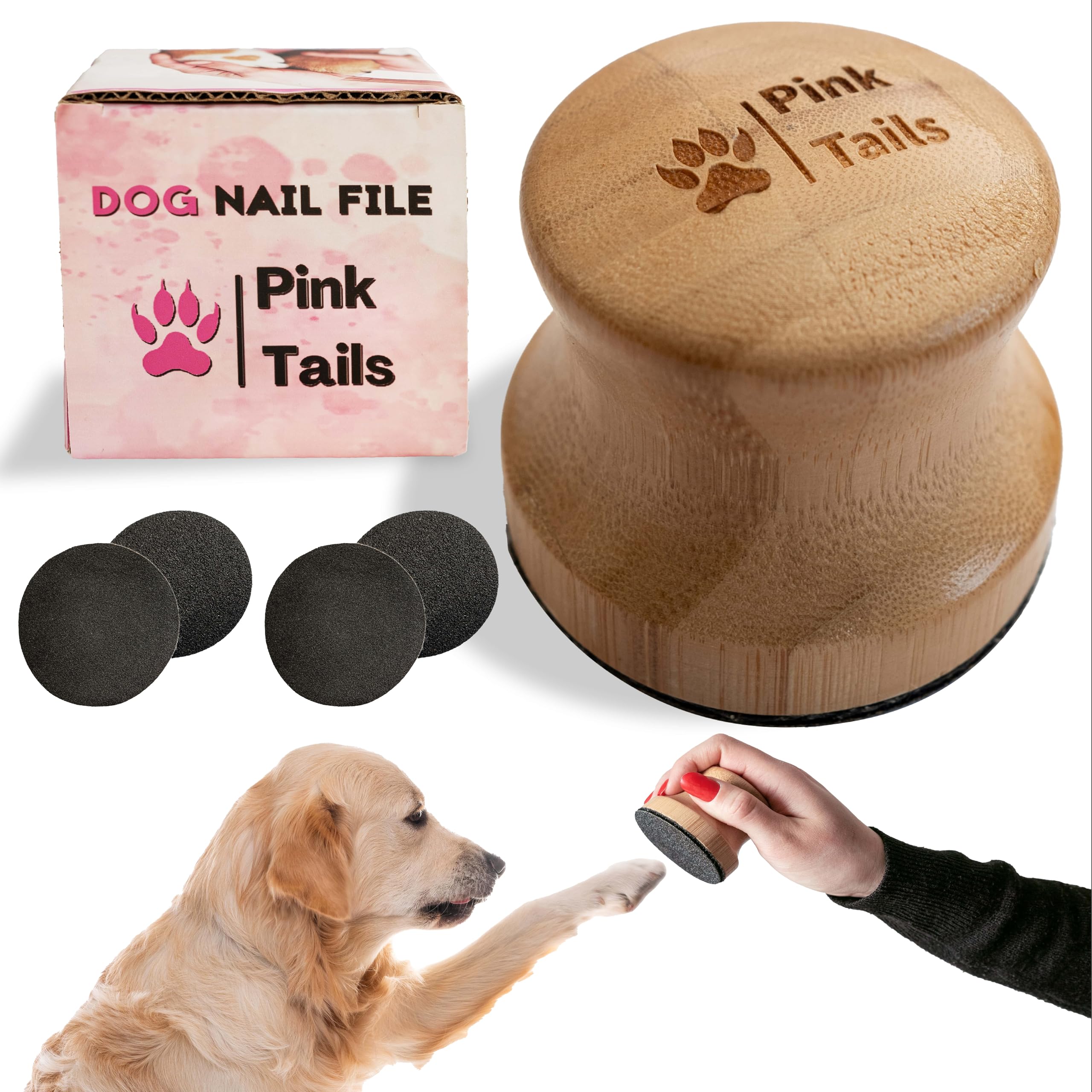 Dog nail care product set with nail file, buffer, and packaging labeled 'Pink Tails' on a white background.