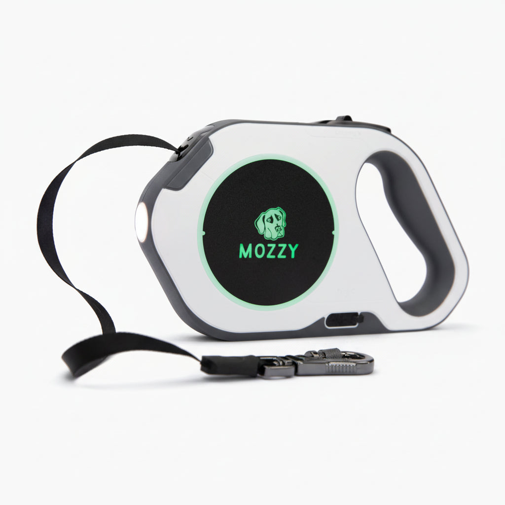 Retractable dog leash with 'Mozzy' branding on a white background