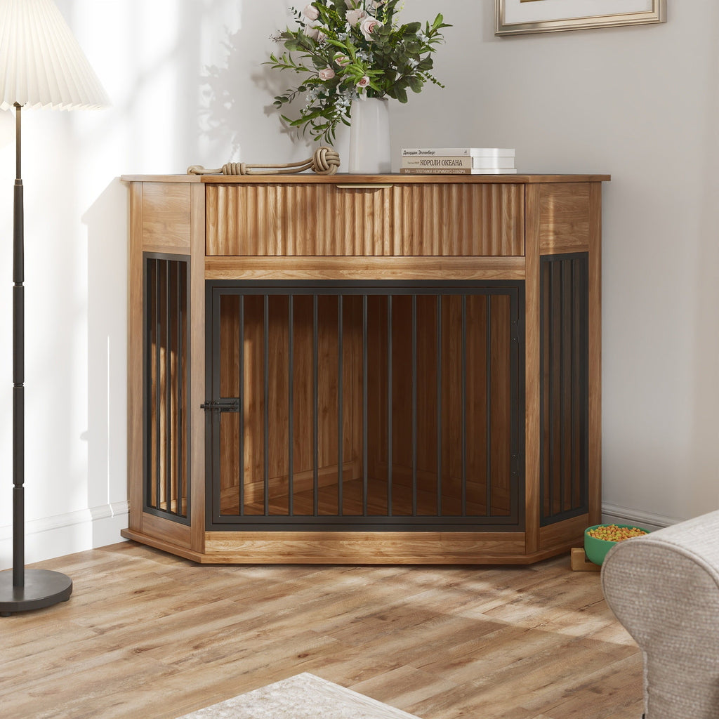 Corner Dog Crate Furniture with Fluted Drawer 