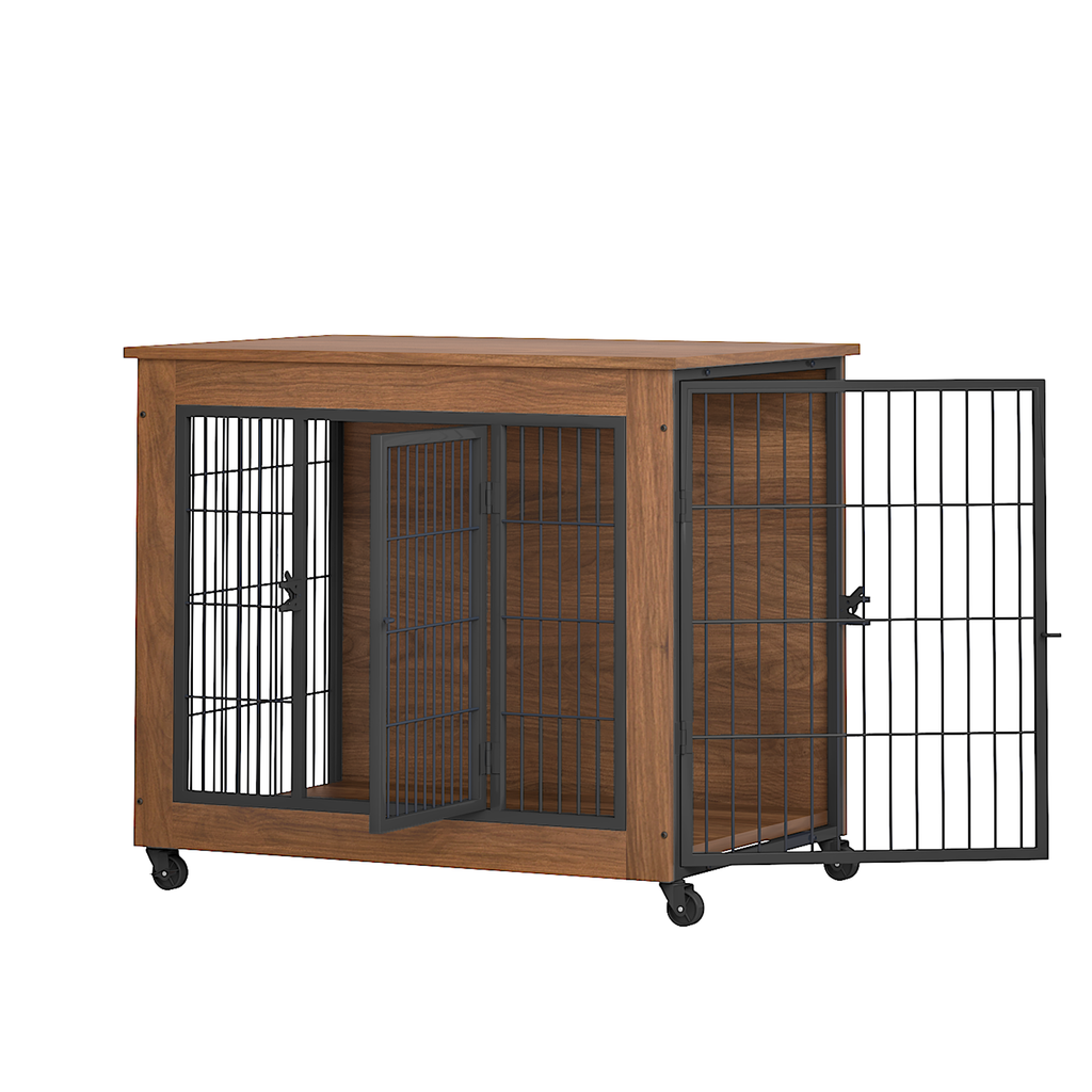 Wooden pet crate with metal doors on a white background