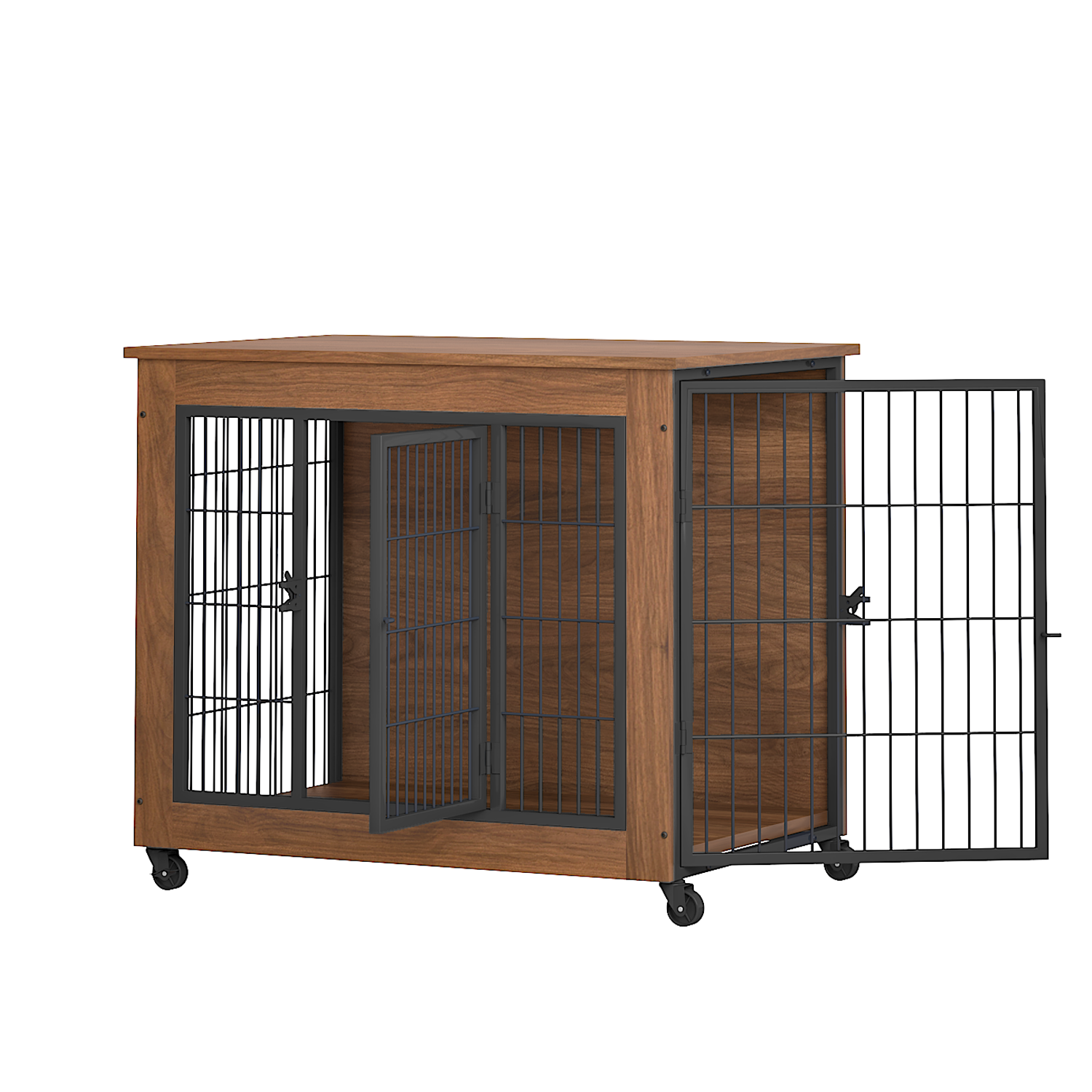 Wooden pet crate with metal doors on a white background