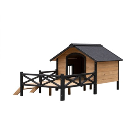 Wooden pet house with a black roof and ramp on a white background