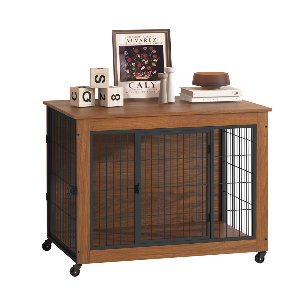 Wooden pet crate with wire doors on a white background