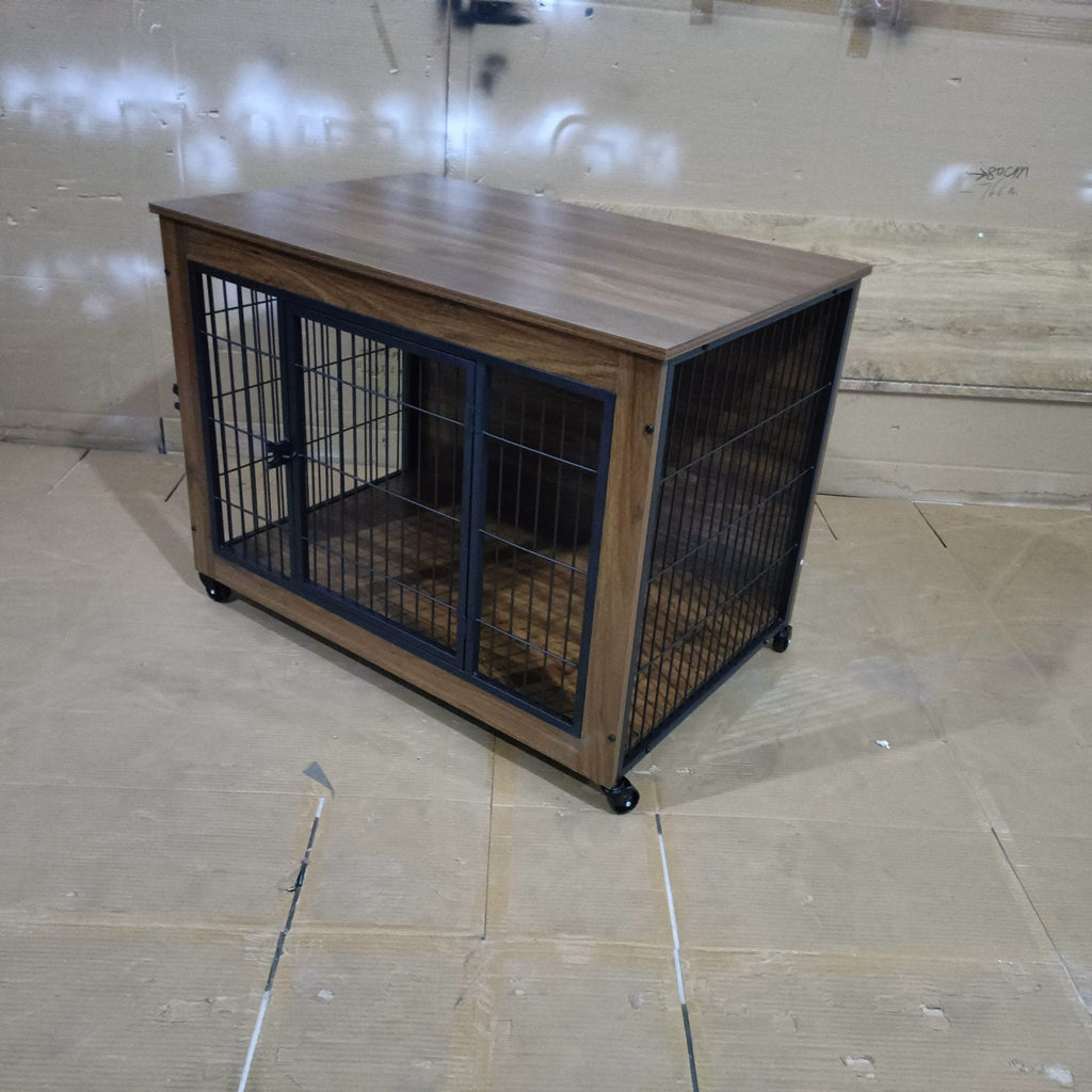 Wooden pet crate with metal bars on a tiled floor