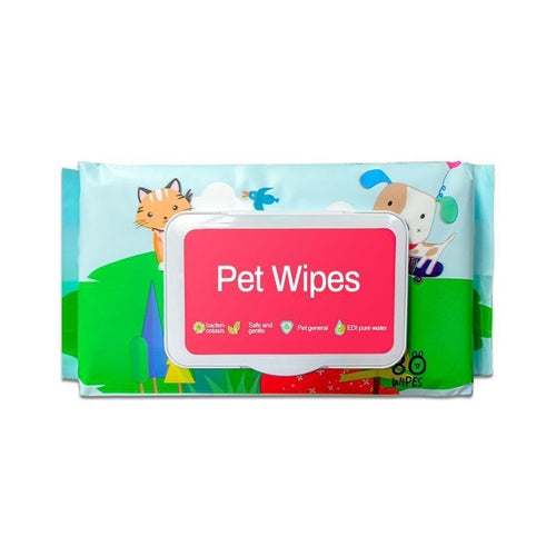 Pack of pet wipes with cartoon designs on a white background