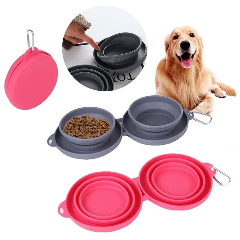 Collapsible pet bowls in gray and pink with a dog and close-up of contents.