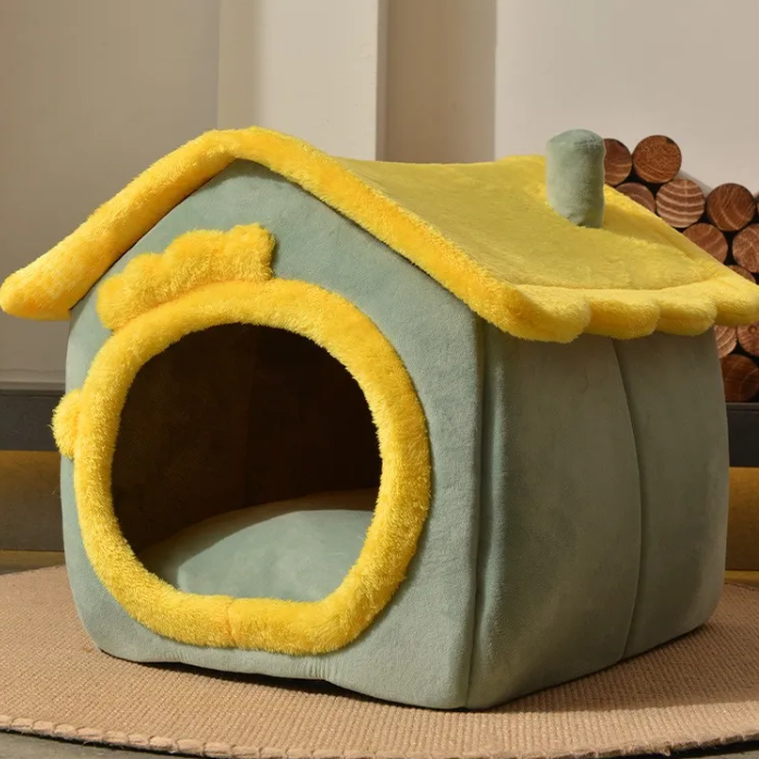 Pet house with yellow roof and trim on a neutral background