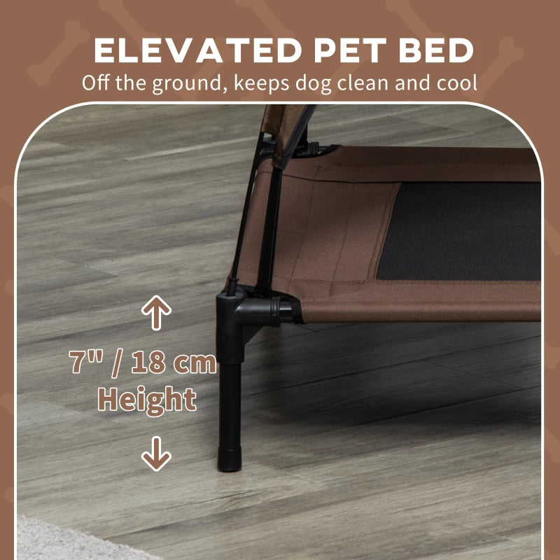 Elevated pet bed on a wooden floor with text indicating height and benefits.