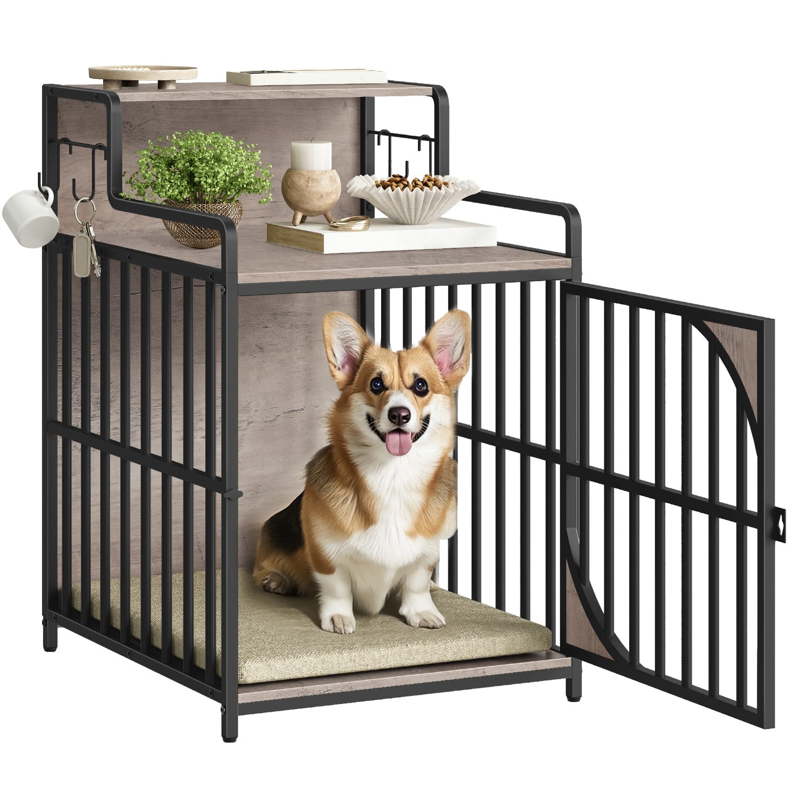 Dog inside a pet crate with a small table on top, featuring decorative items.