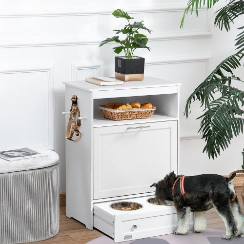 PawHut Pet Feeder Station Cabinet — Raised Bowls, Pull-Out Drawer, Storage Hooks, MDF (White, 32")