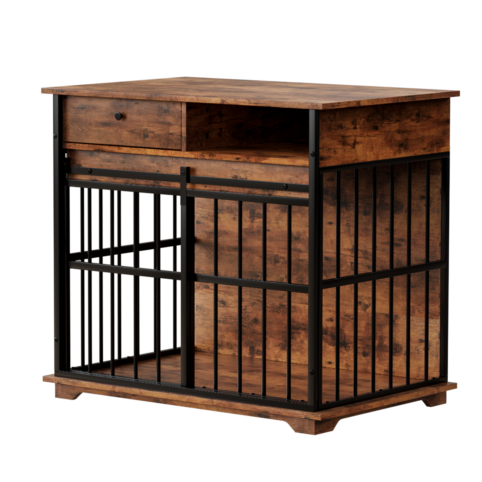 Wooden pet crate with metal bars on a white background