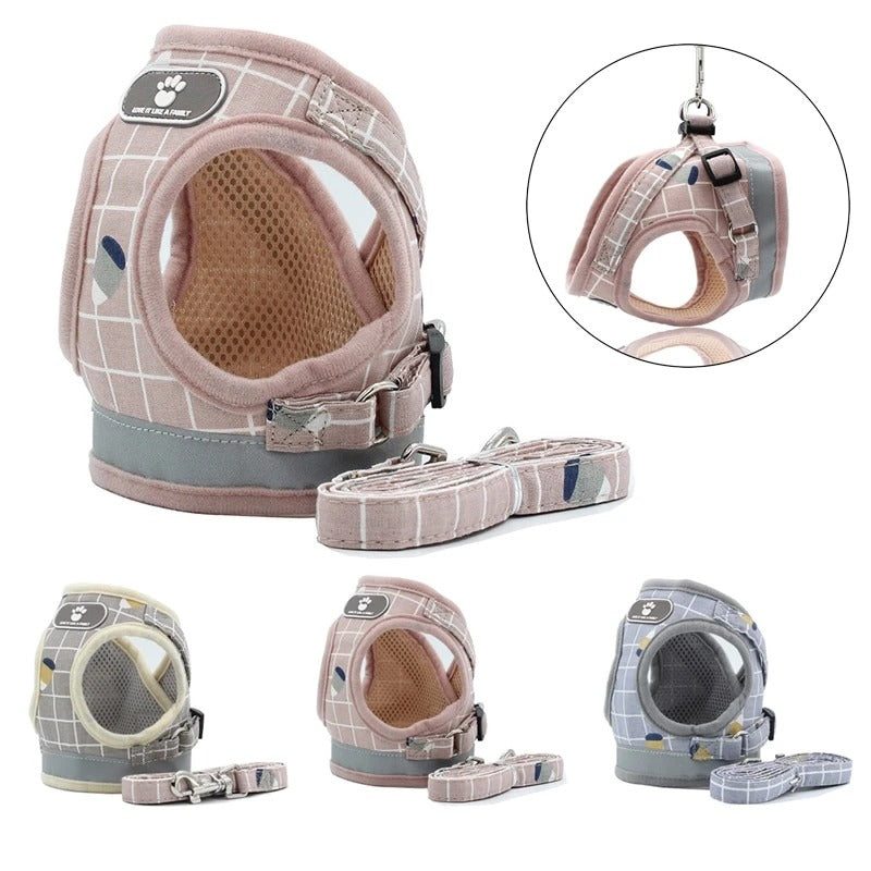Pet harness and leash set with plaid pattern on a white background