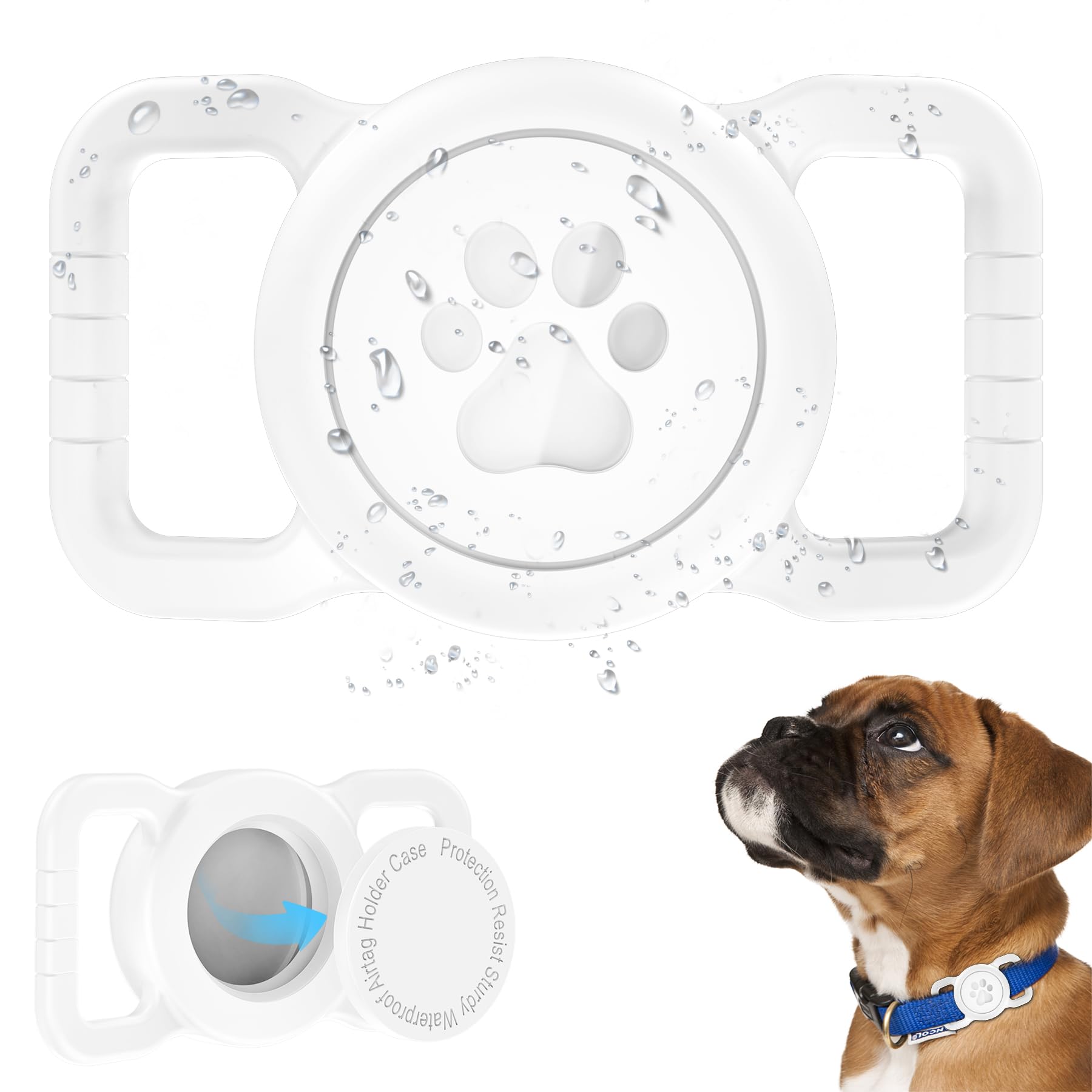 Clear pet water bowl with paw print design and a dog wearing a blue collar.