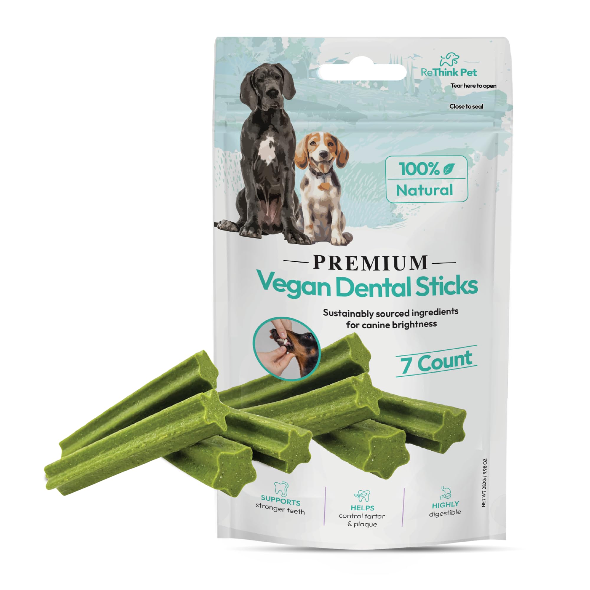 Package of premium vegan dental sticks for dogs with two dogs on the packaging.