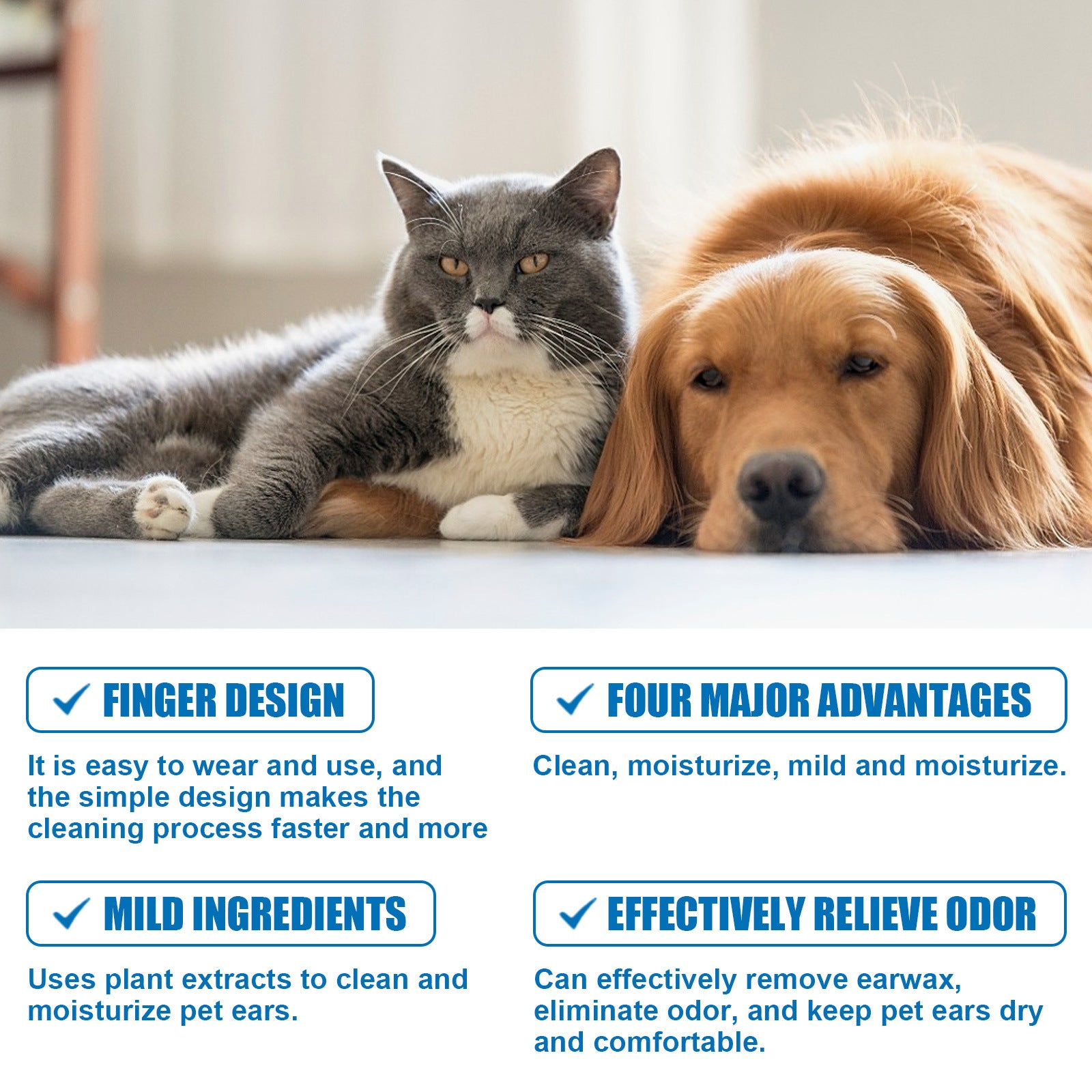 Cat and dog lying together with product features highlighted