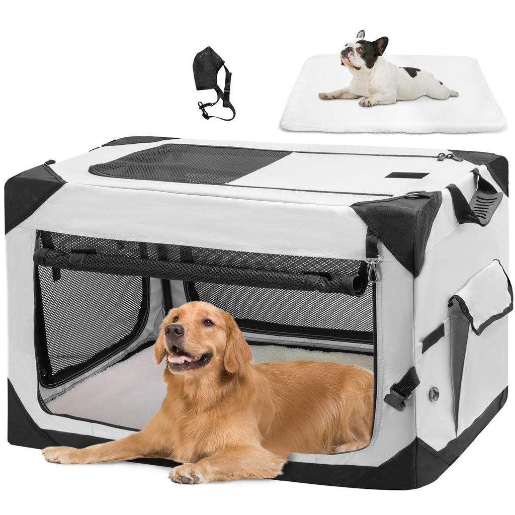 Portable pet crate with a dog inside and a small dog on top, on a white background.