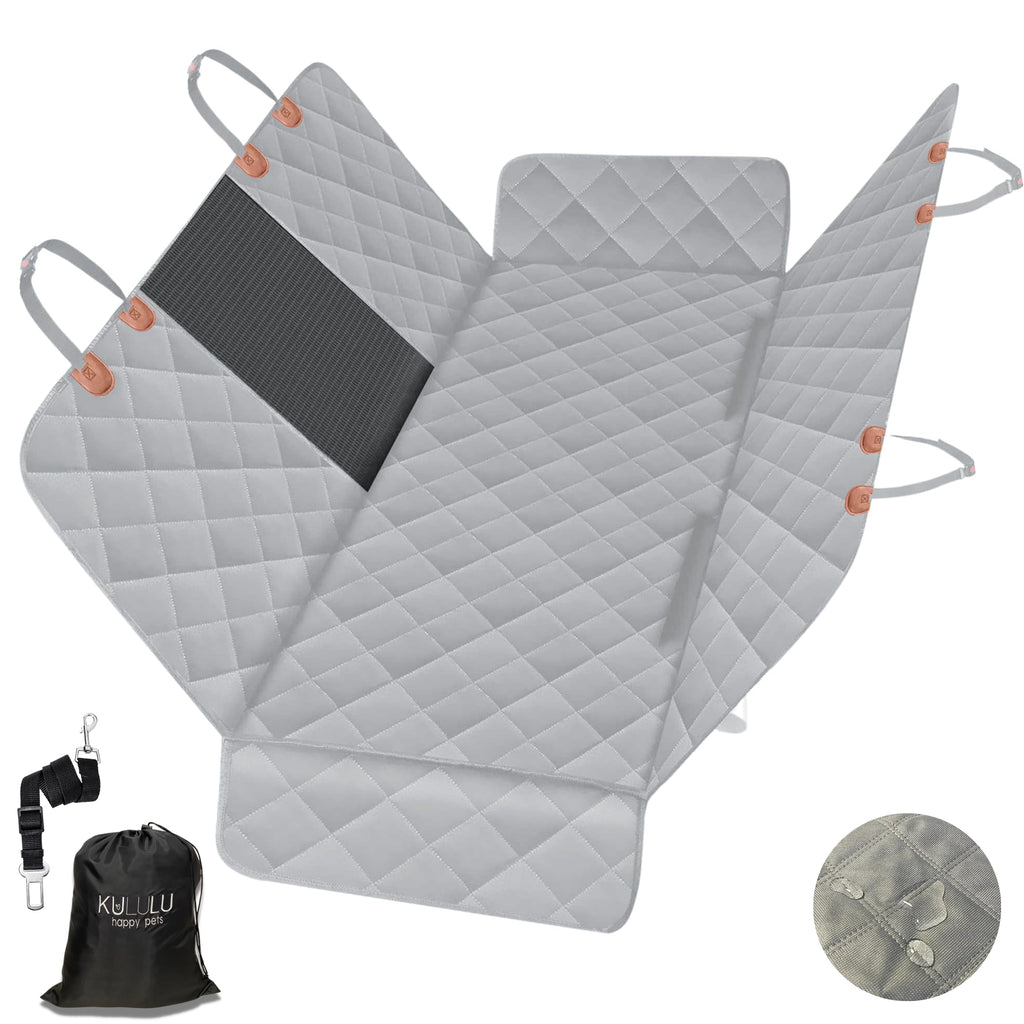 Gray quilted mat with carrying handles and a black bag on a white background