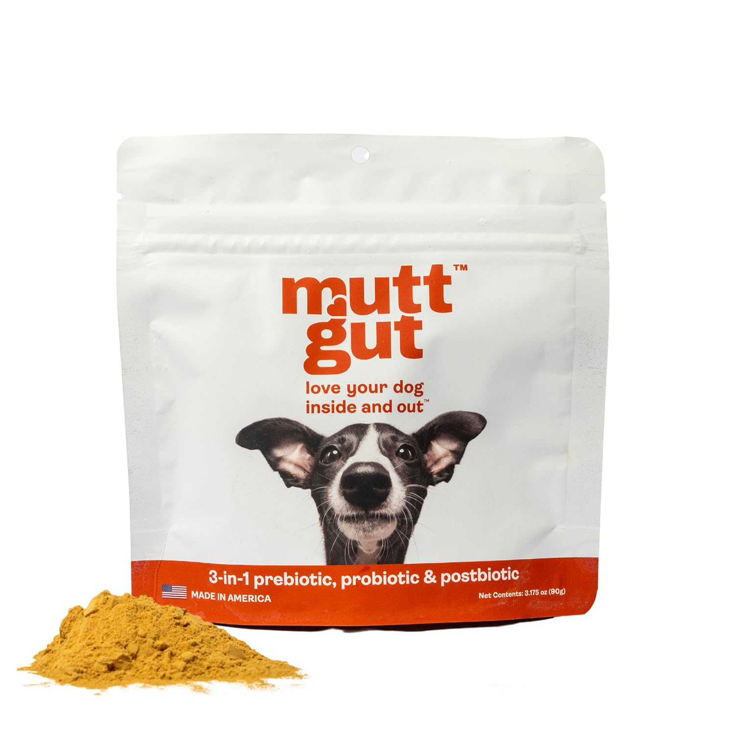 Mutt Gut dog supplement package with a dog's face on a white background