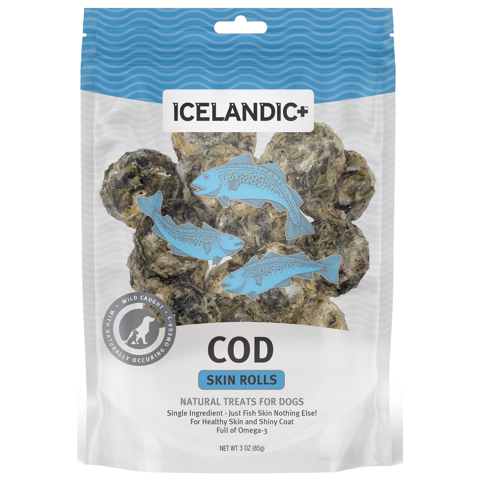 Package of Icelandic Cod Skin Rolls for dogs on a white background