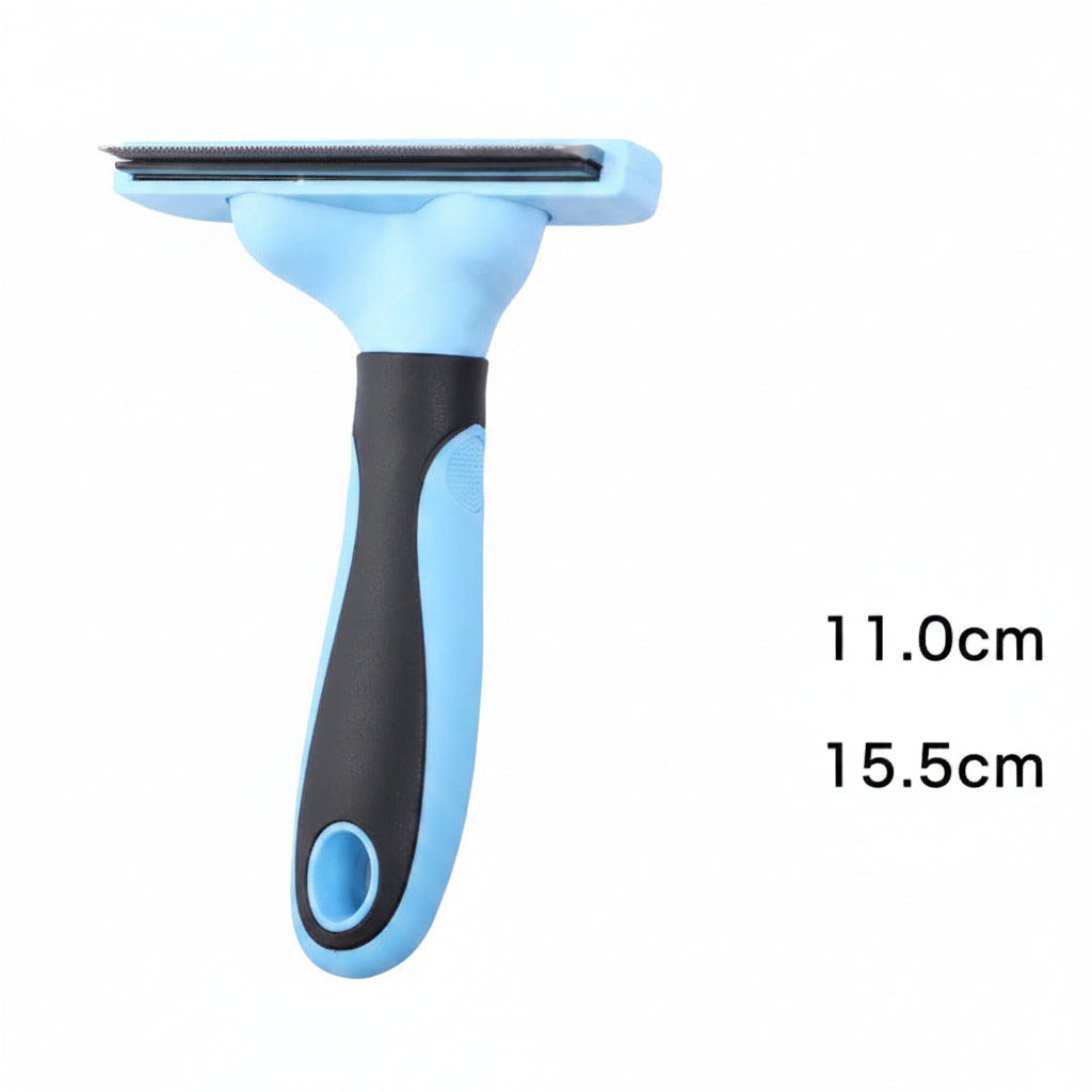 Blue and black pet grooming brush with measurements on a dark background