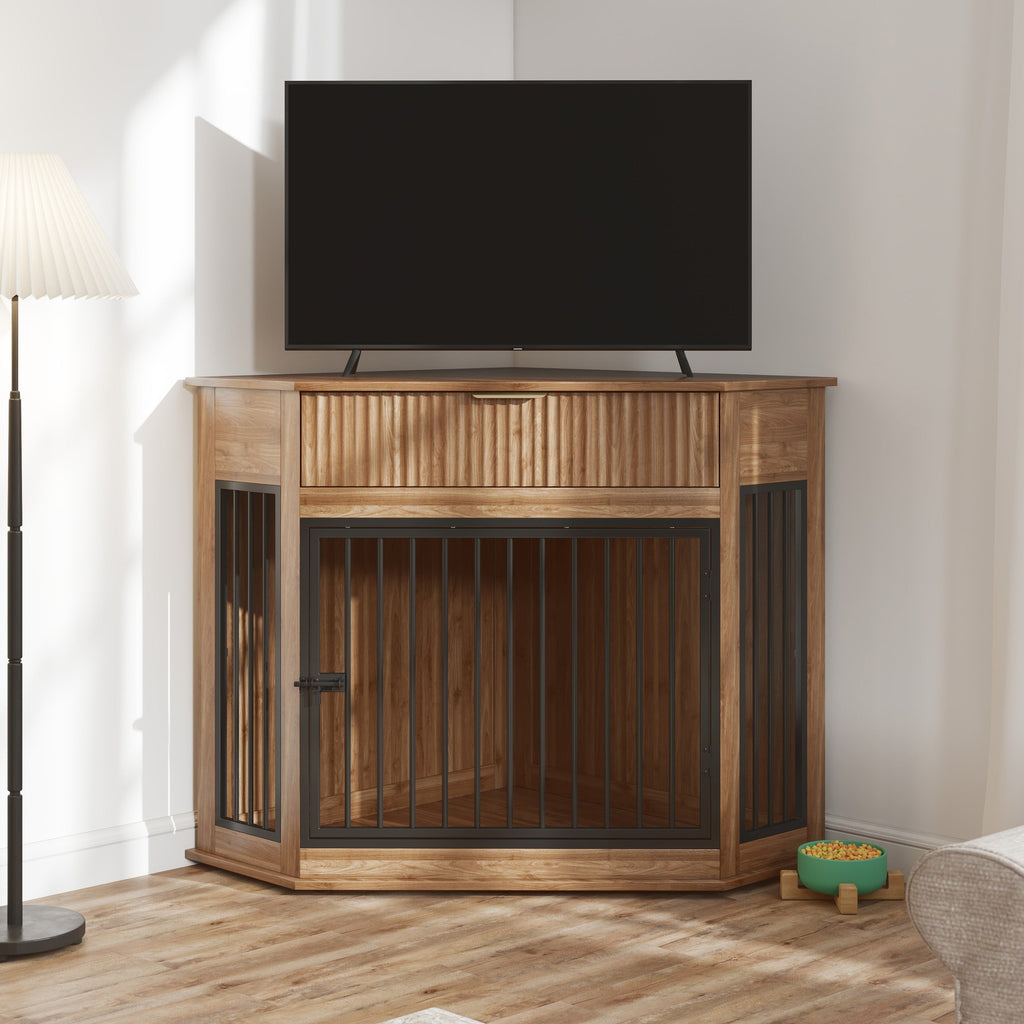 Corner Dog Crate Furniture with Fluted Drawer 
