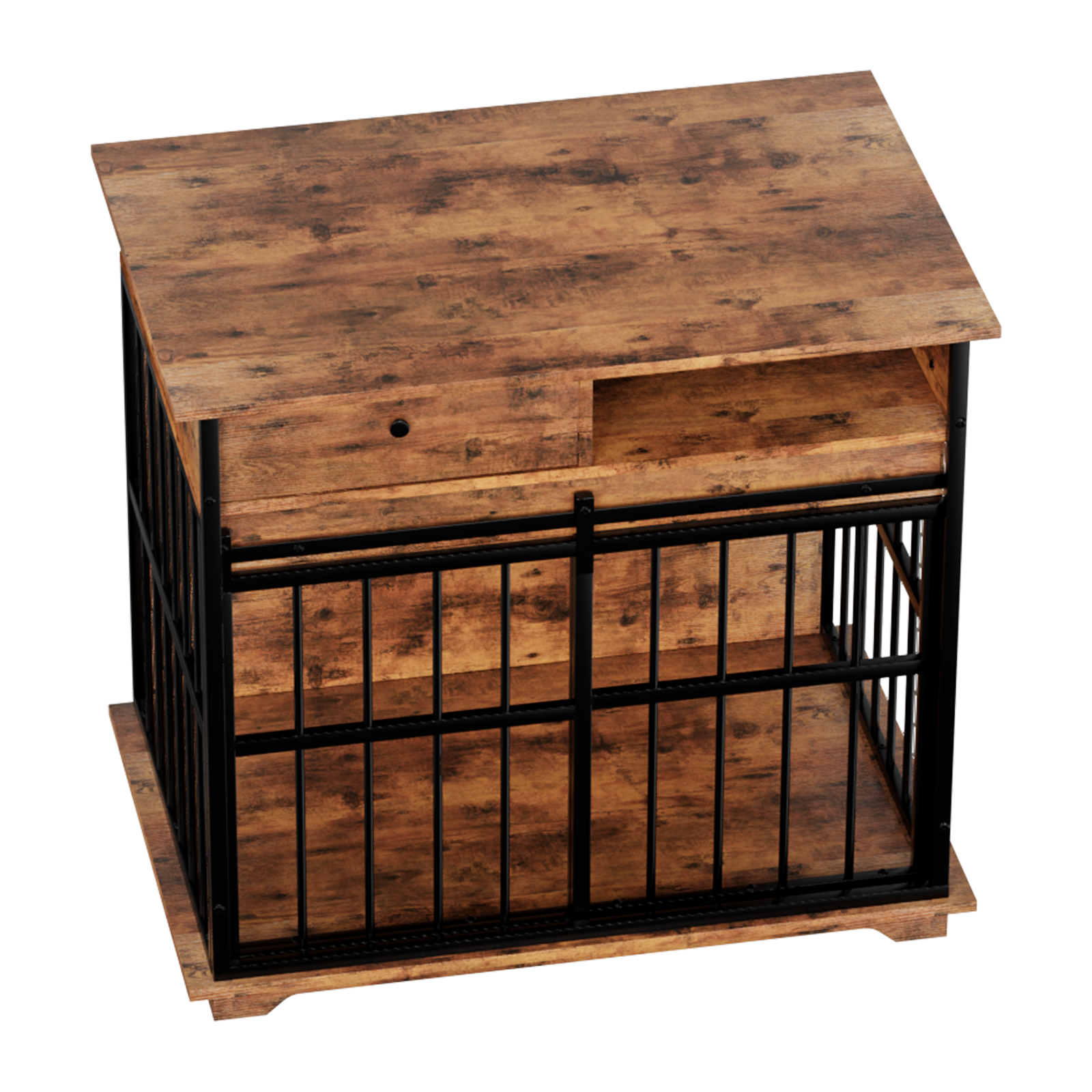 Wooden pet crate with metal frame on a white background
