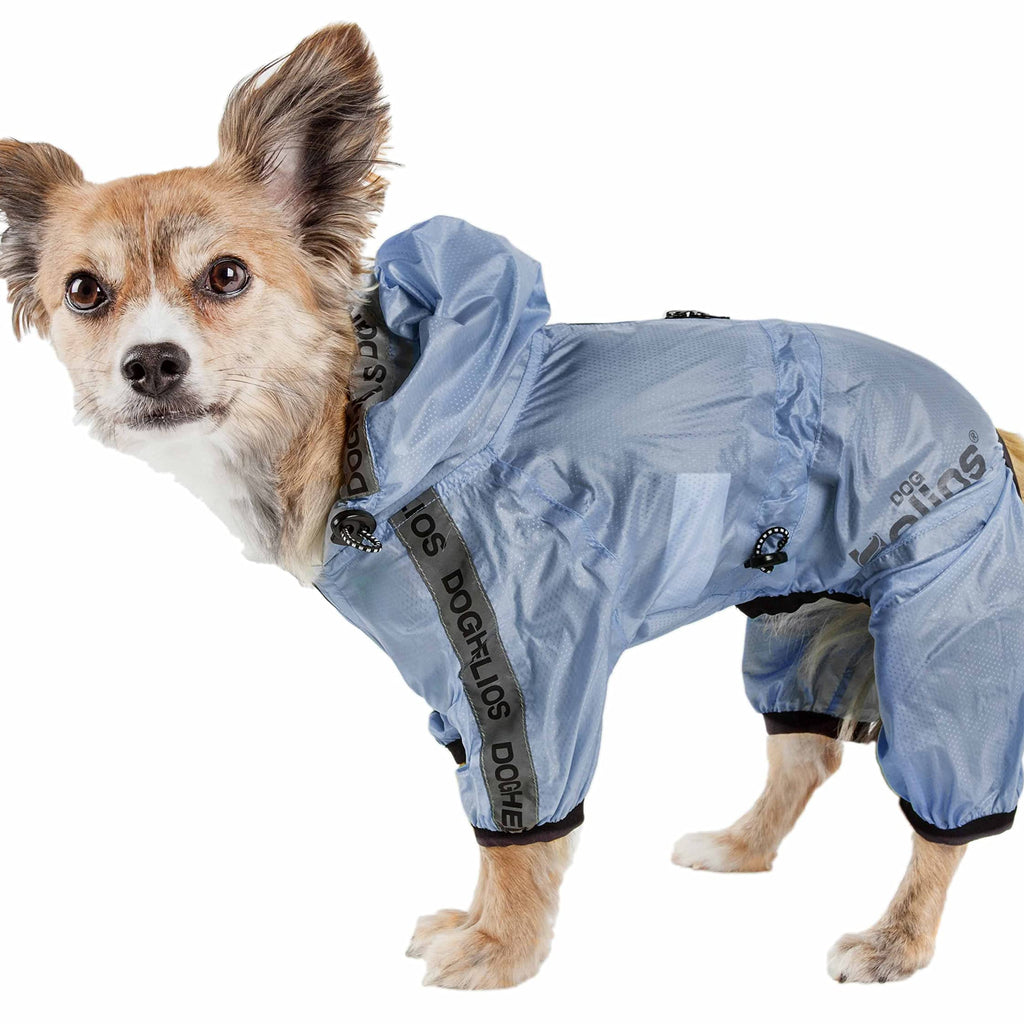 Dog wearing a blue raincoat with visible branding on a white background