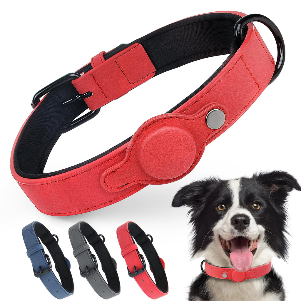 Red dog collar with a button, shown on a white background with a dog wearing it.