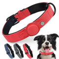 Red dog collar with a button, shown on a white background with a dog wearing it.