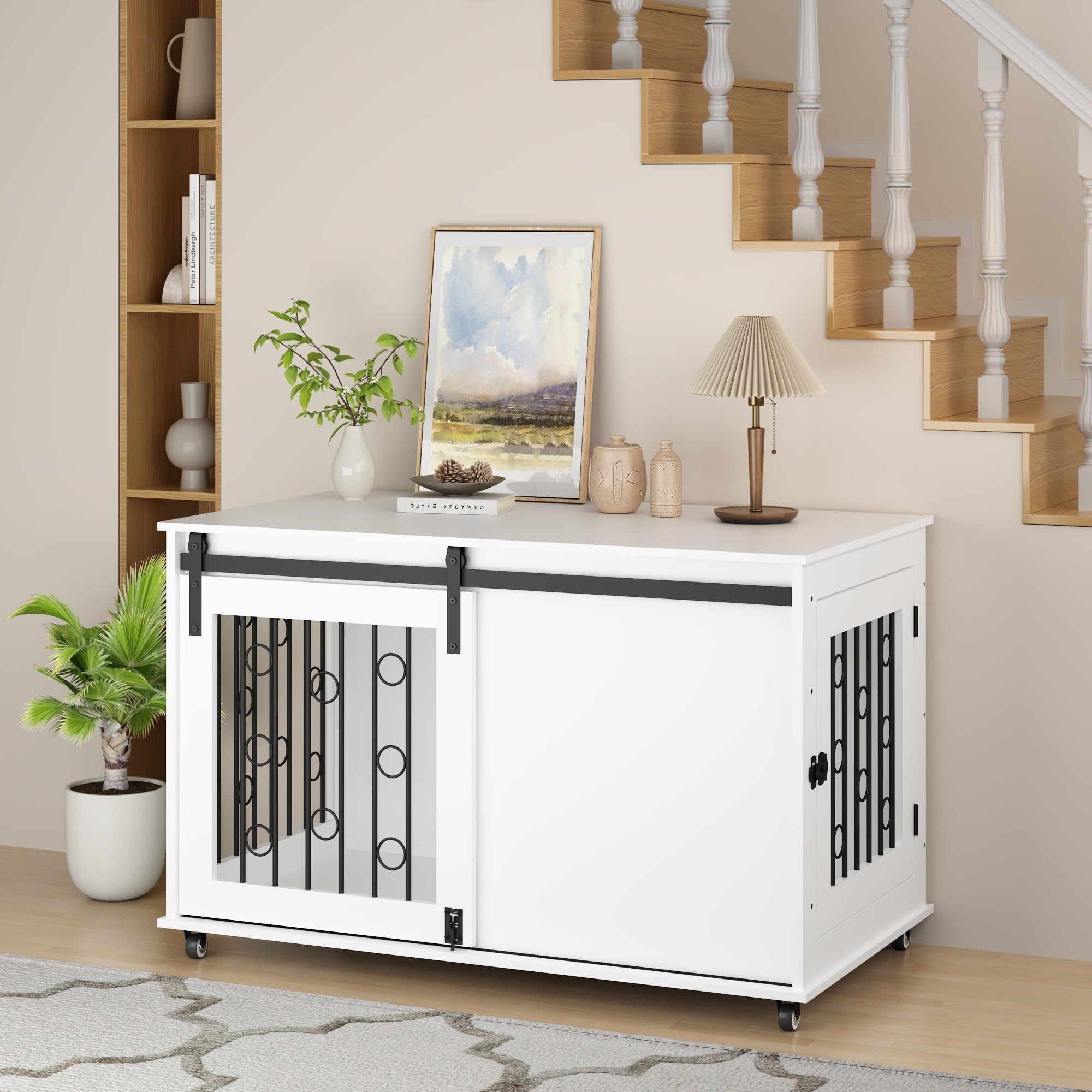 Modern Wooden Dog Crate Furniture with Sliding Barn Door – Indoor Pet Kennel