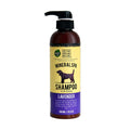 Bottle of mineral spa shampoo for dogs with a yellow label on a white background