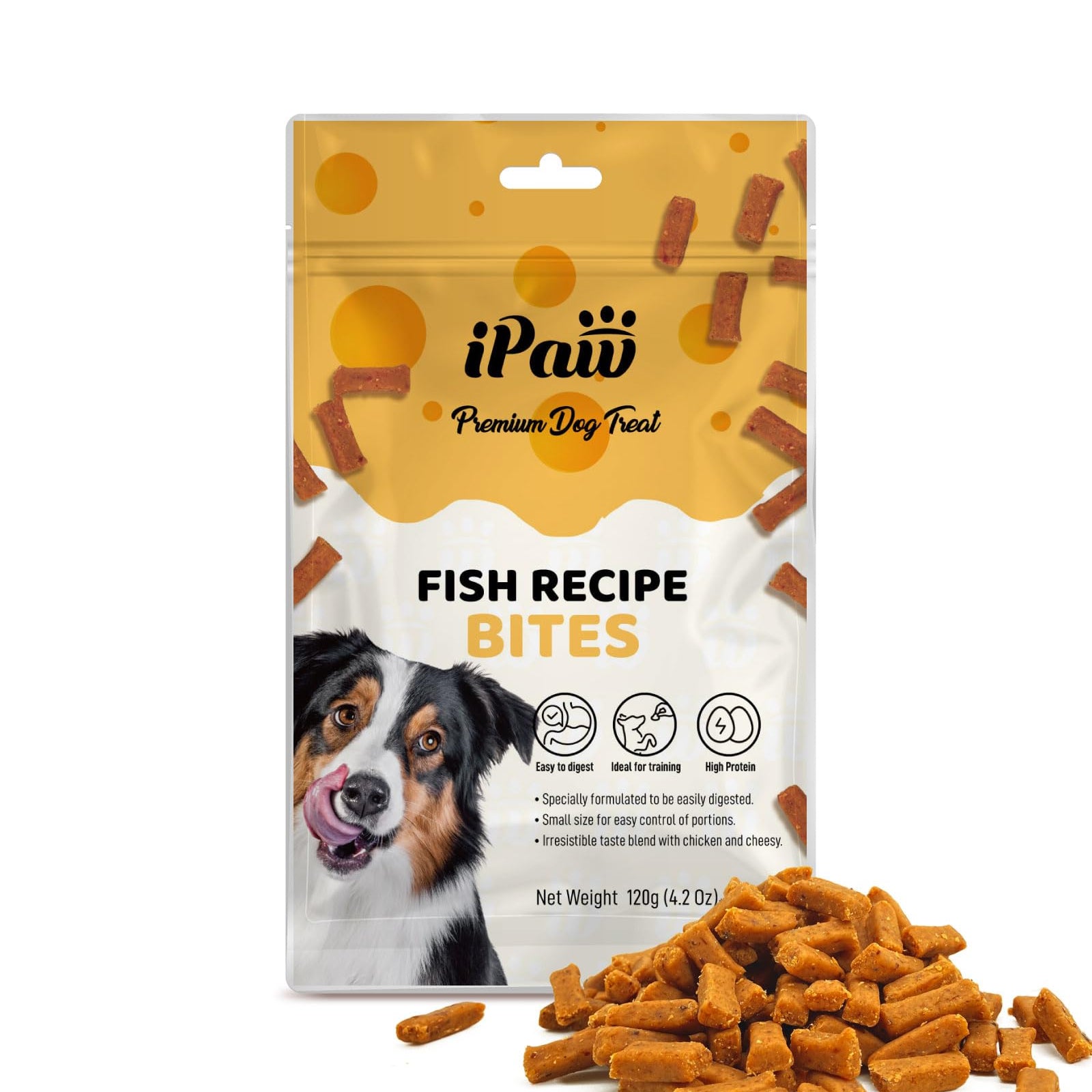 Package of iPaw Fish Recipe Bites dog treats with a dog on the label.