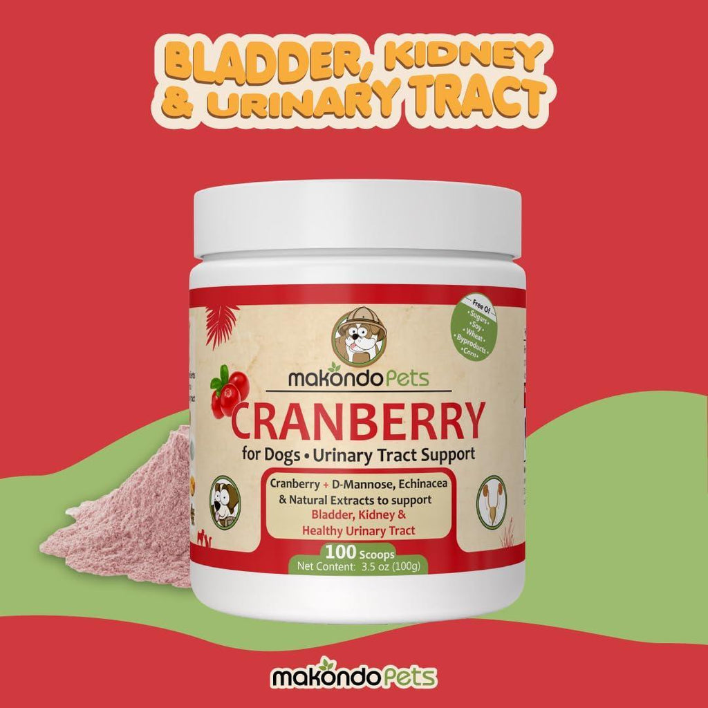 Makondo Pets cranberry supplement for dogs with a red background