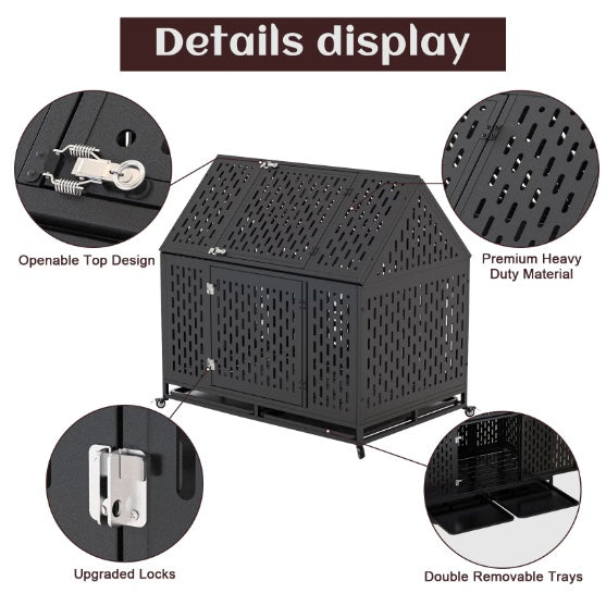 Heavy Duty Indestructible Dog Crate — 45", Pointed Roof, 2 Doors, Lockable Wheels, Escape-Proof (Black)