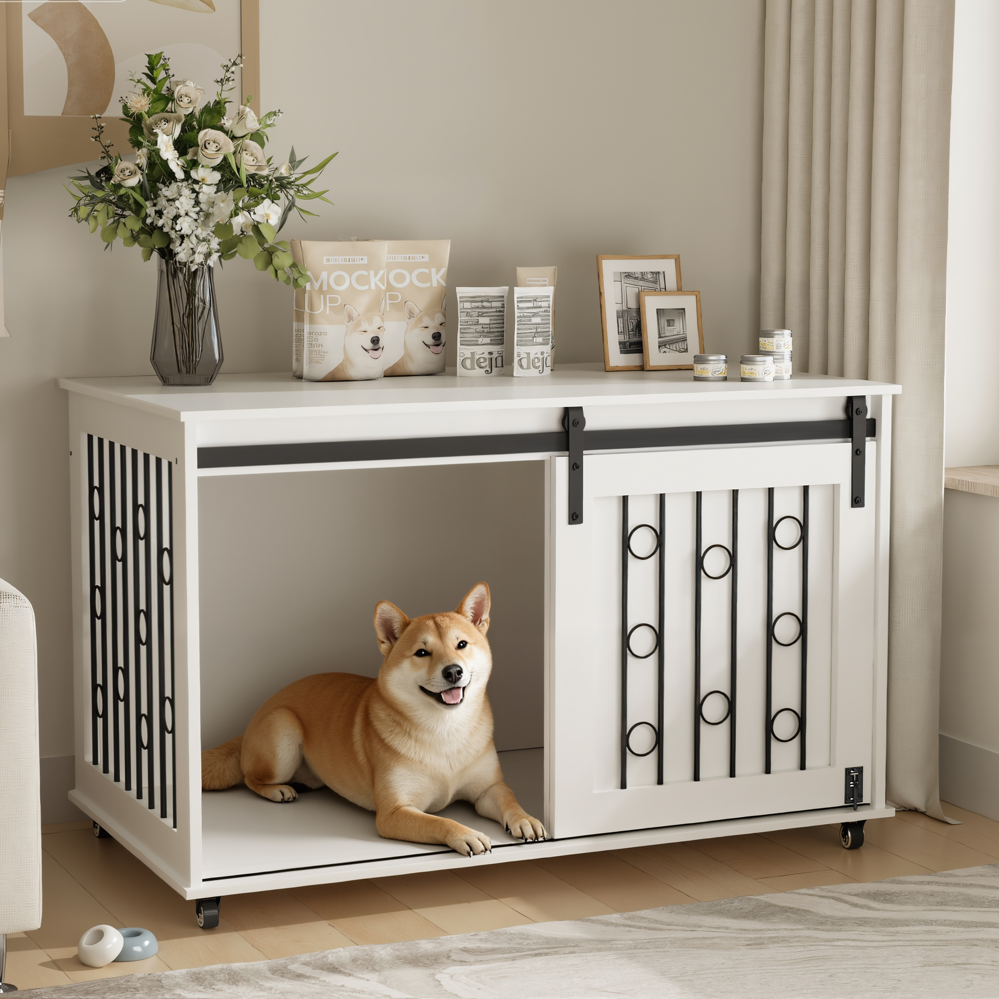 Modern Wooden Dog Crate Furniture with Sliding Barn Door – Indoor Pet Kennel