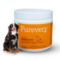 Furevery longevity dog supplement jar with a dog on a white background