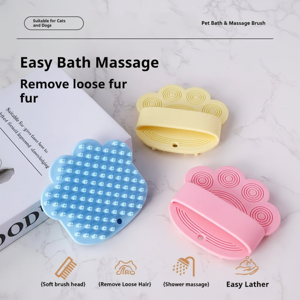 Three pet bath and massage brushes in blue, yellow, and pink on a marble surface.