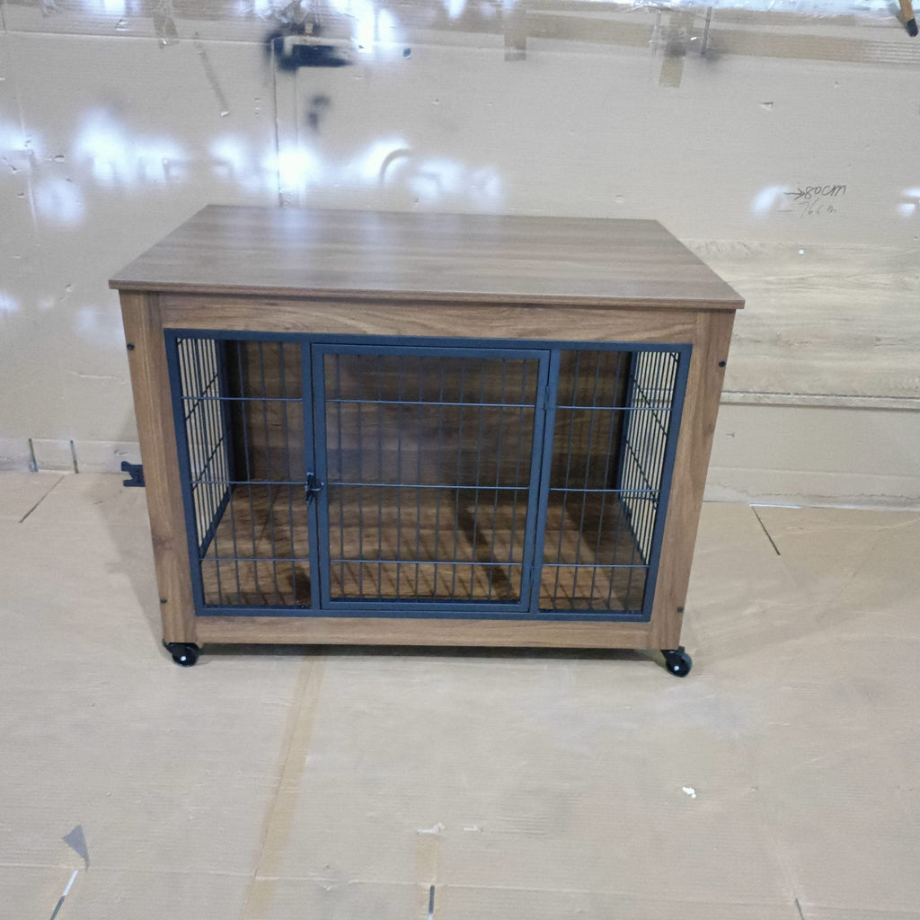 Wooden pet crate with blue metal bars on a tiled floor.