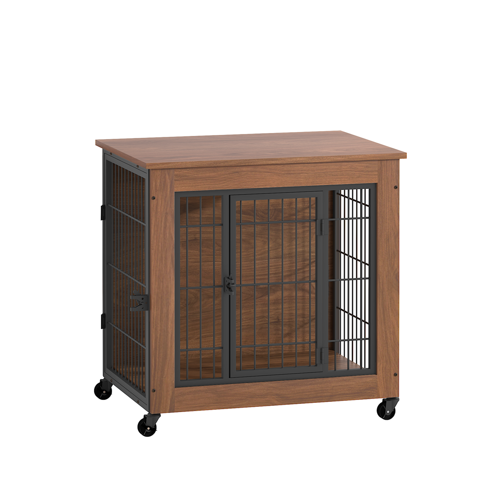 Wooden pet crate with metal doors on a white background