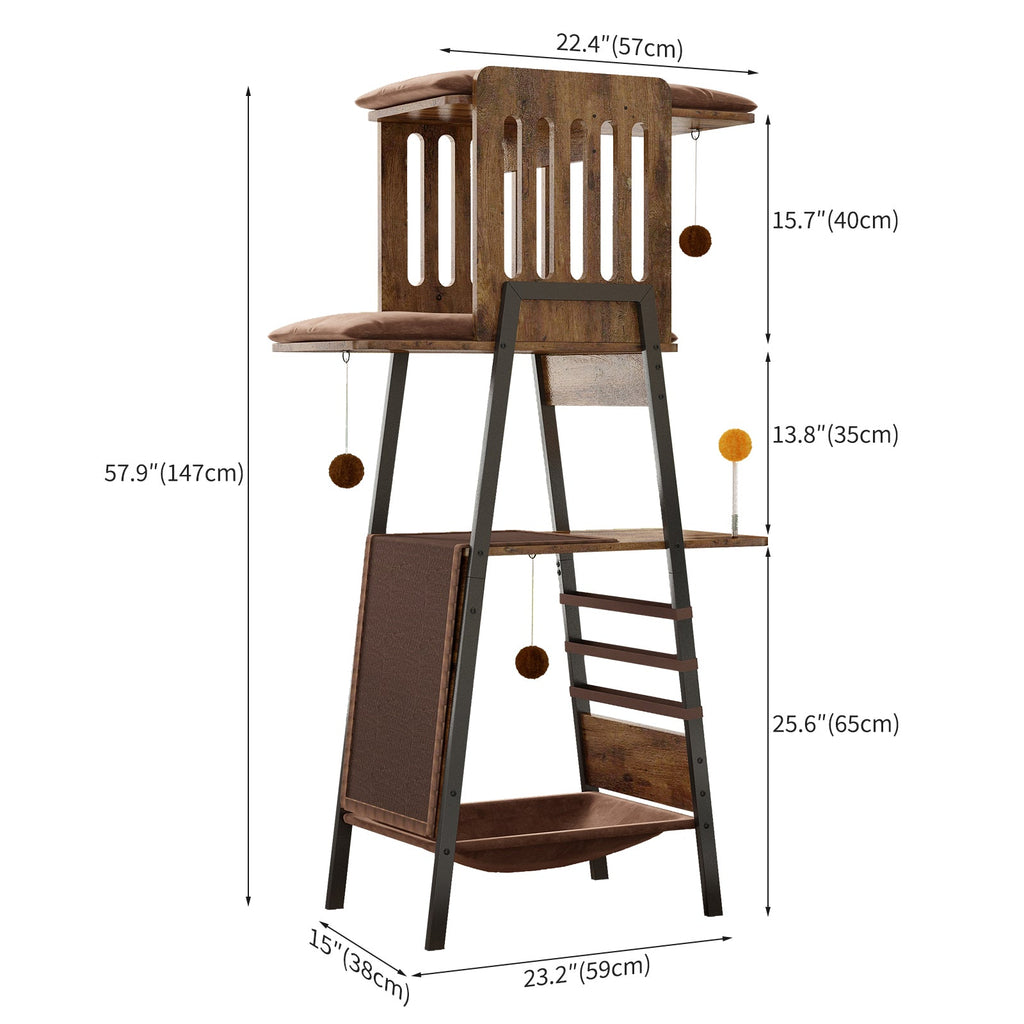 Modern Wooden Cat Tree – 58" Large Cat Tower