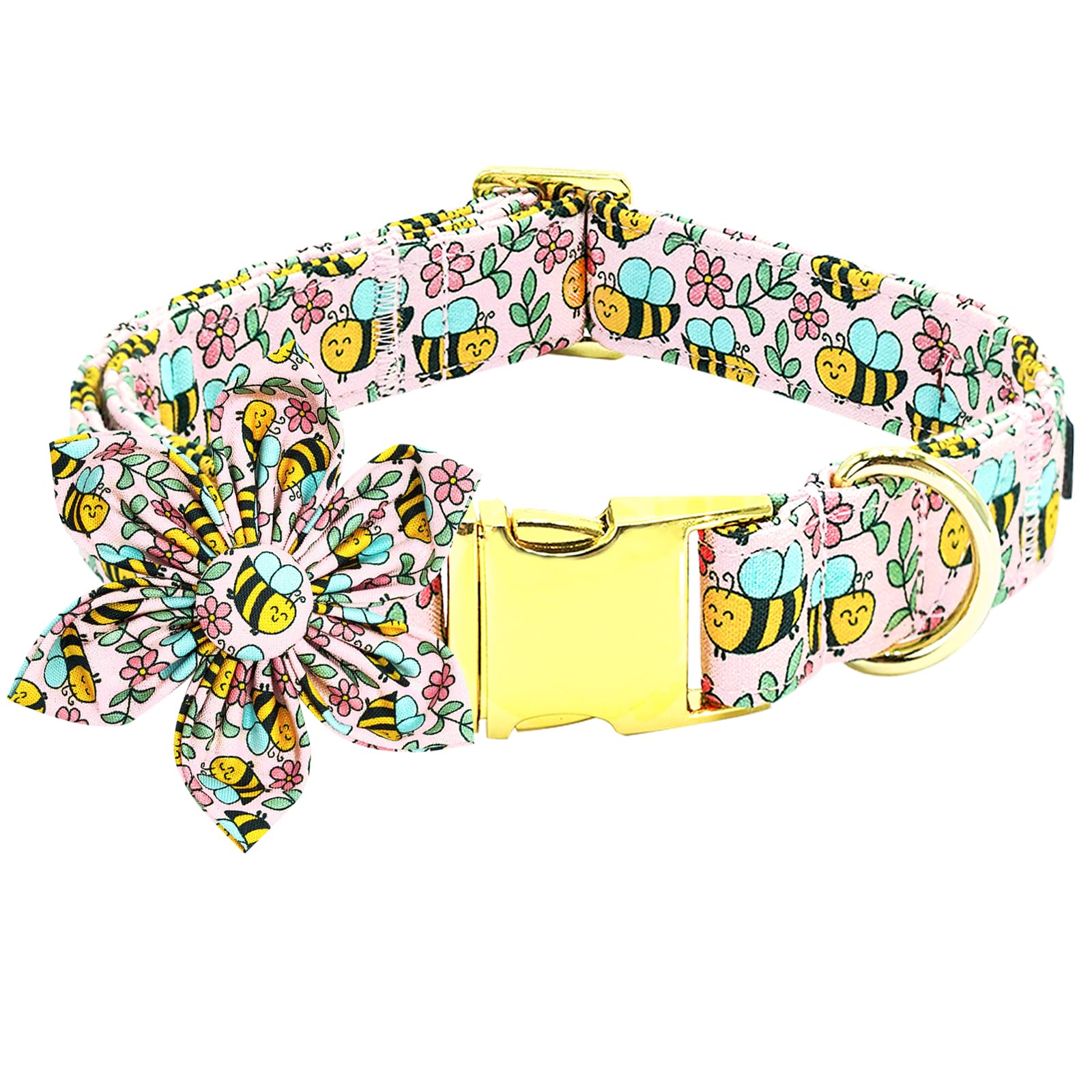 Dog collar with floral and bee pattern on a white background