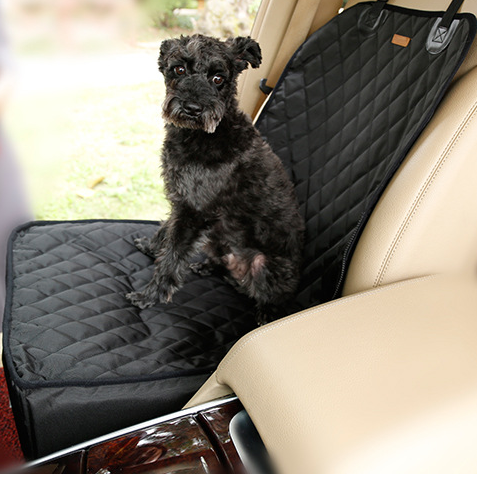 Dog sitting on a black car seat cover in a vehicle