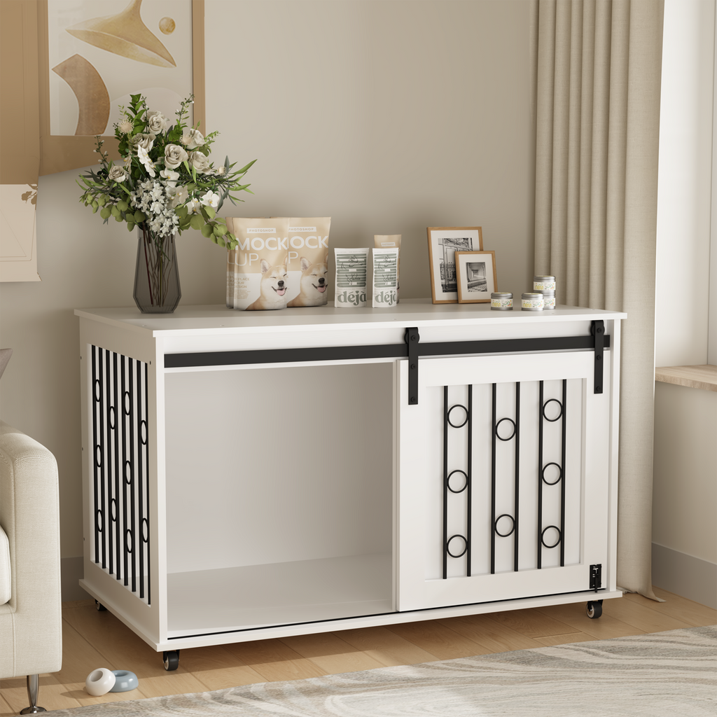 Modern Wooden Dog Crate Furniture with Sliding Barn Door – Indoor Pet Kennel