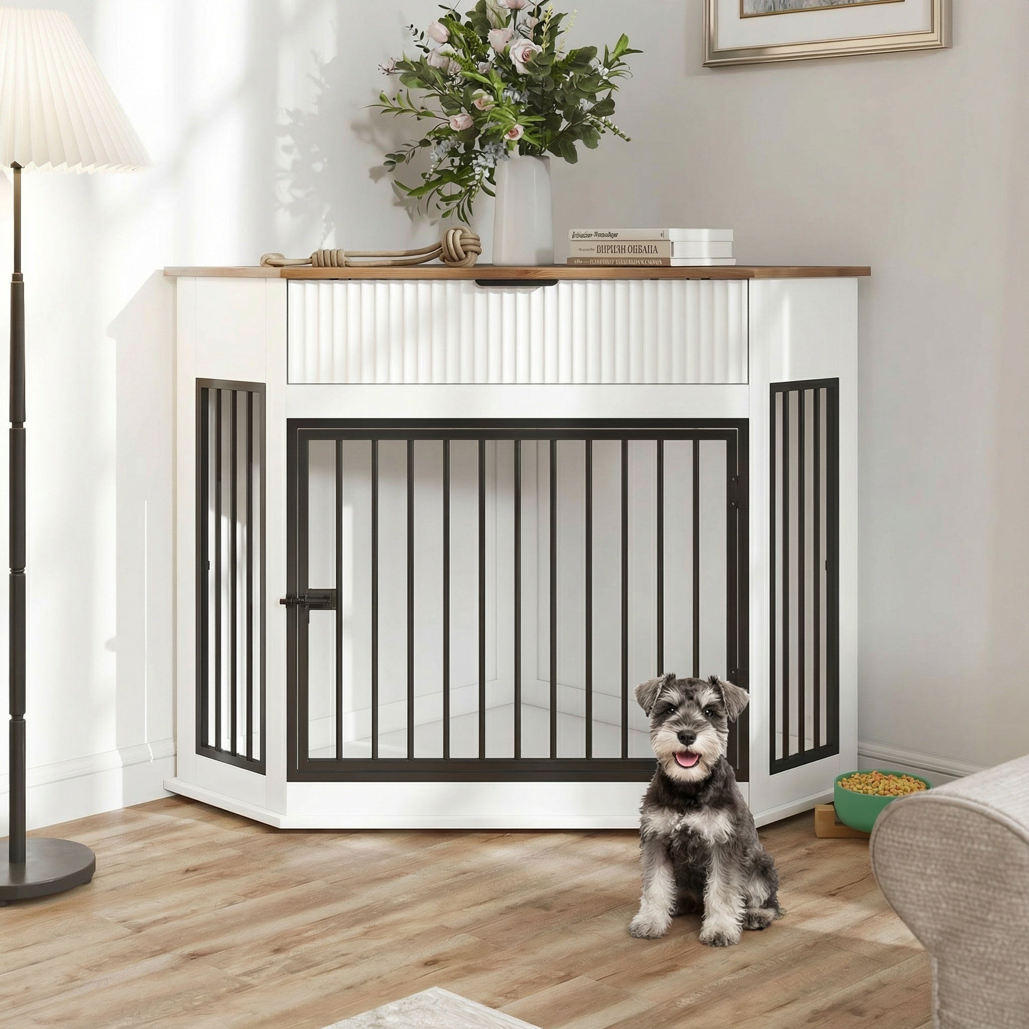 Corner Dog Crate Furniture with Fluted Drawer 