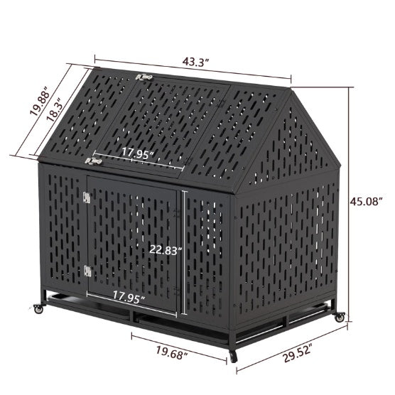Heavy Duty Indestructible Dog Crate — 45", Pointed Roof, 2 Doors, Lockable Wheels, Escape-Proof (Black)