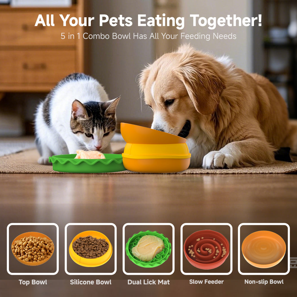 Dog and cat eating from a 5-in-1 combo bowl with various feeding needs icons displayed.